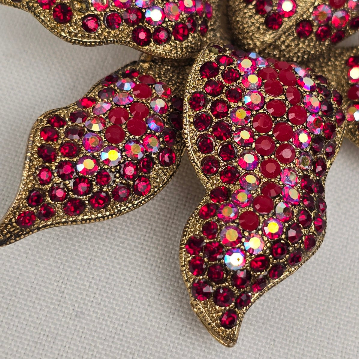 Gold & Red Rhinestone Oversize Flower Statement Brooch