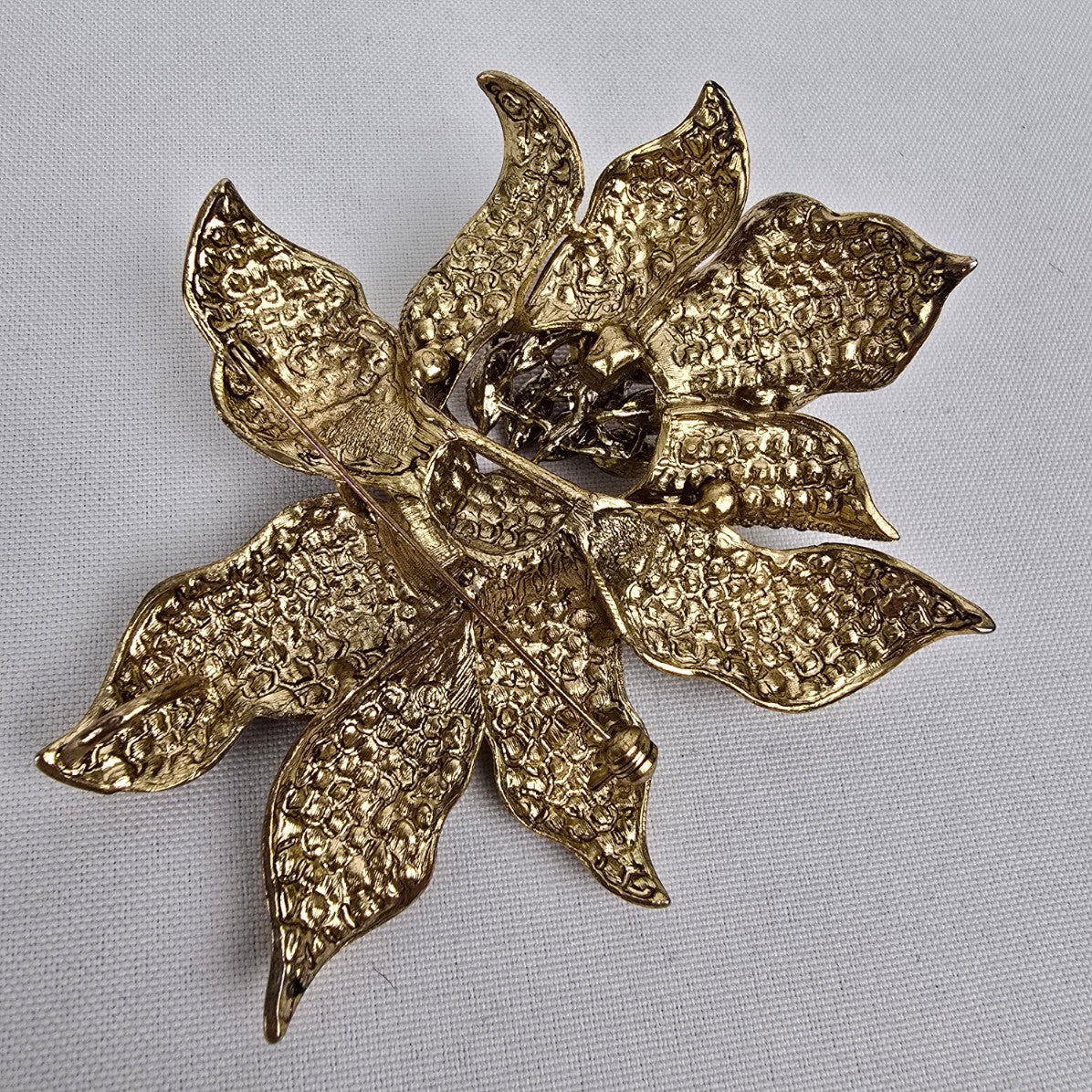 Gold & Red Rhinestone Oversize Flower Statement Brooch