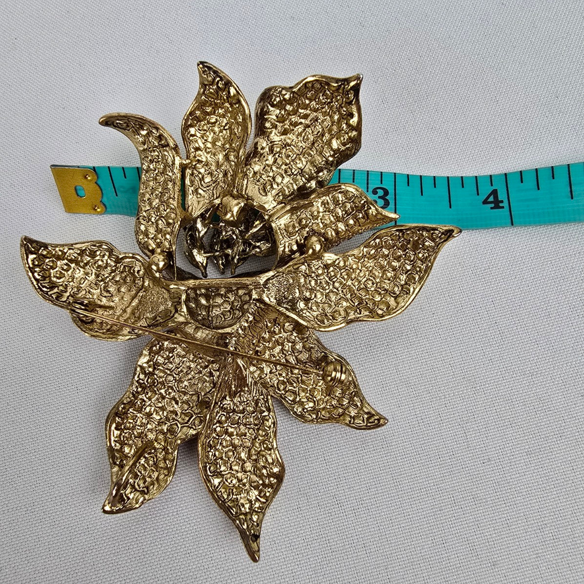 Gold & Red Rhinestone Oversize Flower Statement Brooch