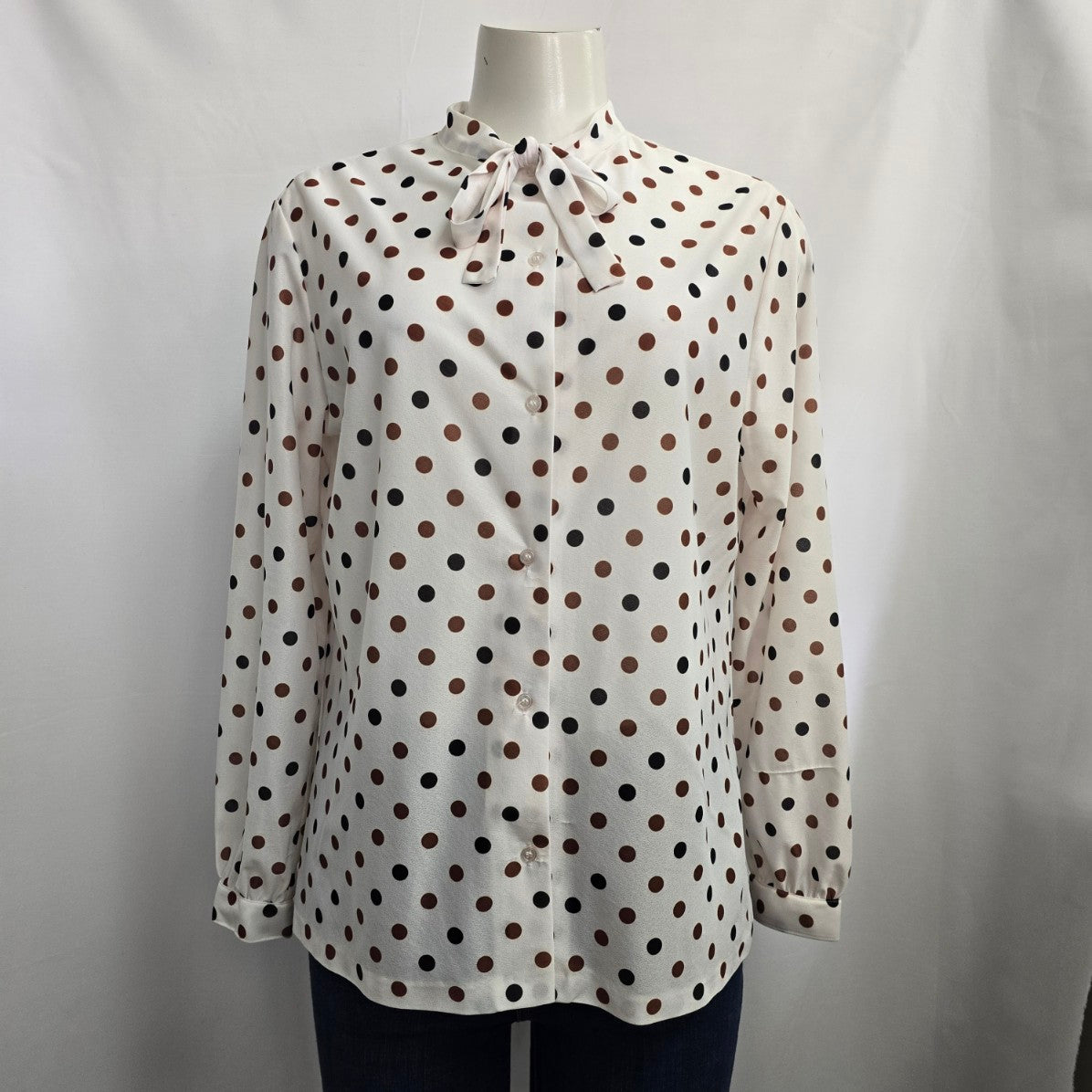 Vintage Tan Jay Brown & Black Polka Dot Neck Tie Blouse Size L