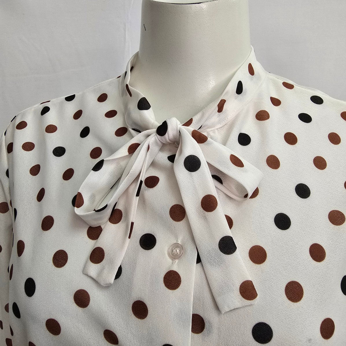 Vintage Tan Jay Brown & Black Polka Dot Neck Tie Blouse Size L