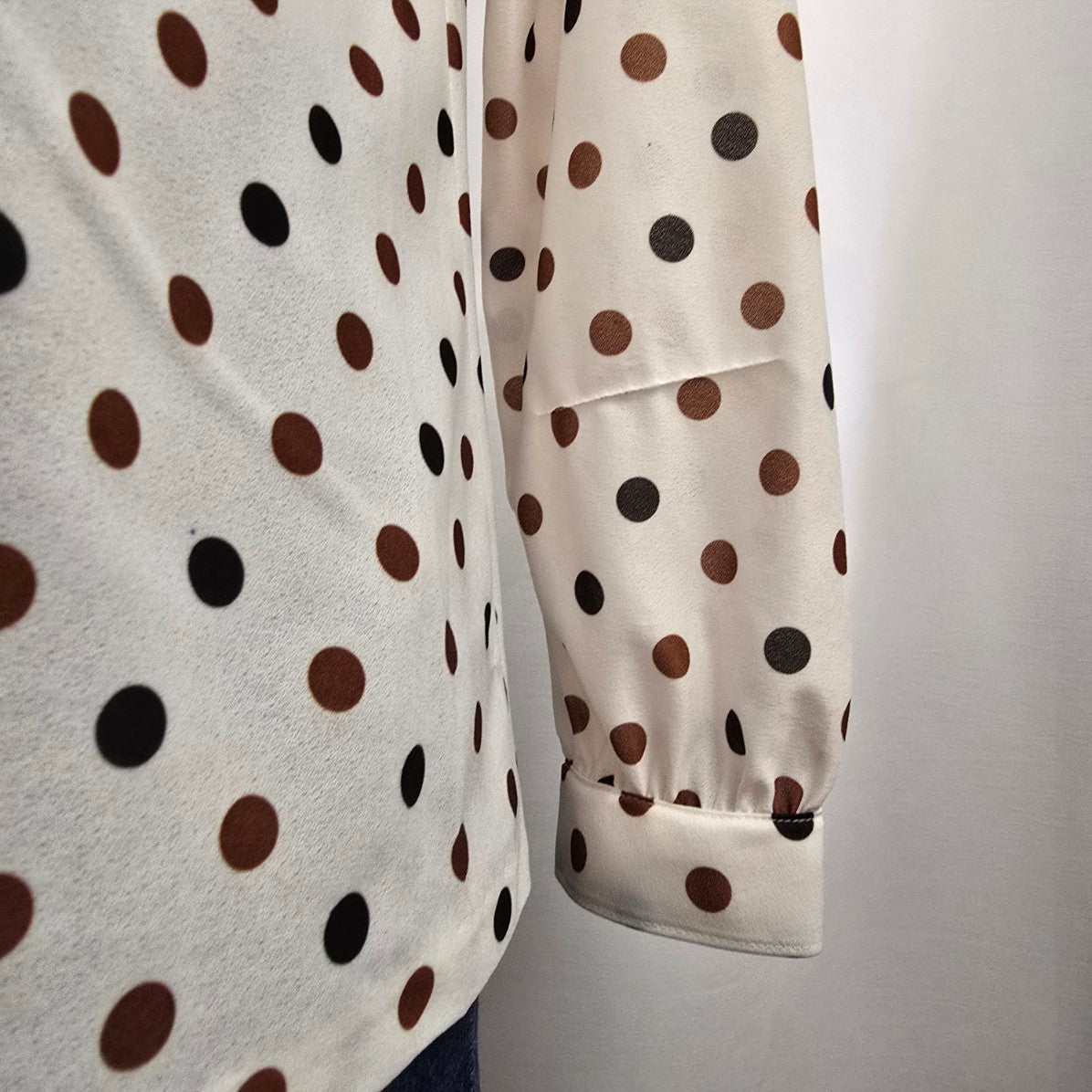 Vintage Tan Jay Brown & Black Polka Dot Neck Tie Blouse Size L