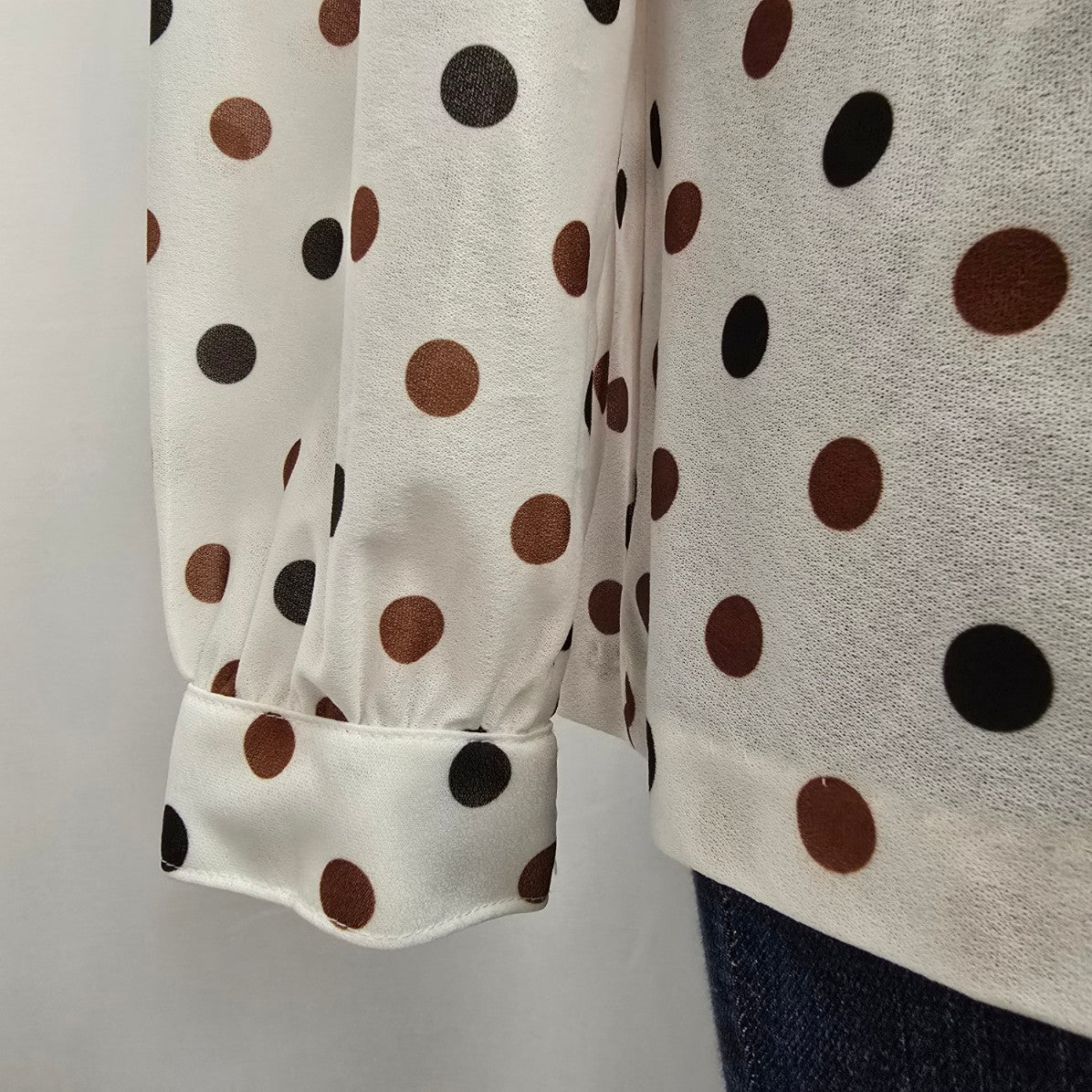 Vintage Tan Jay Brown & Black Polka Dot Neck Tie Blouse Size L