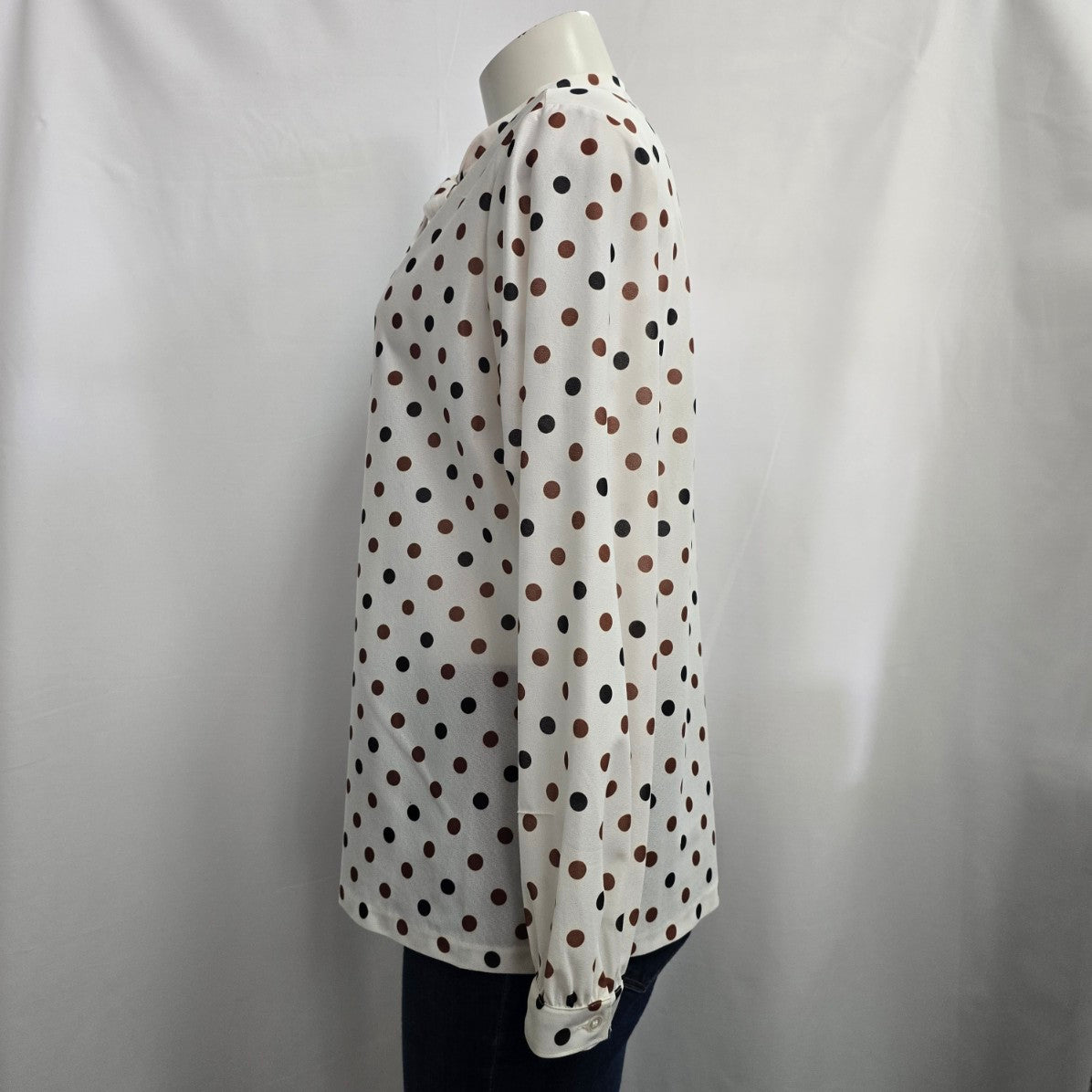 Vintage Tan Jay Brown & Black Polka Dot Neck Tie Blouse Size L