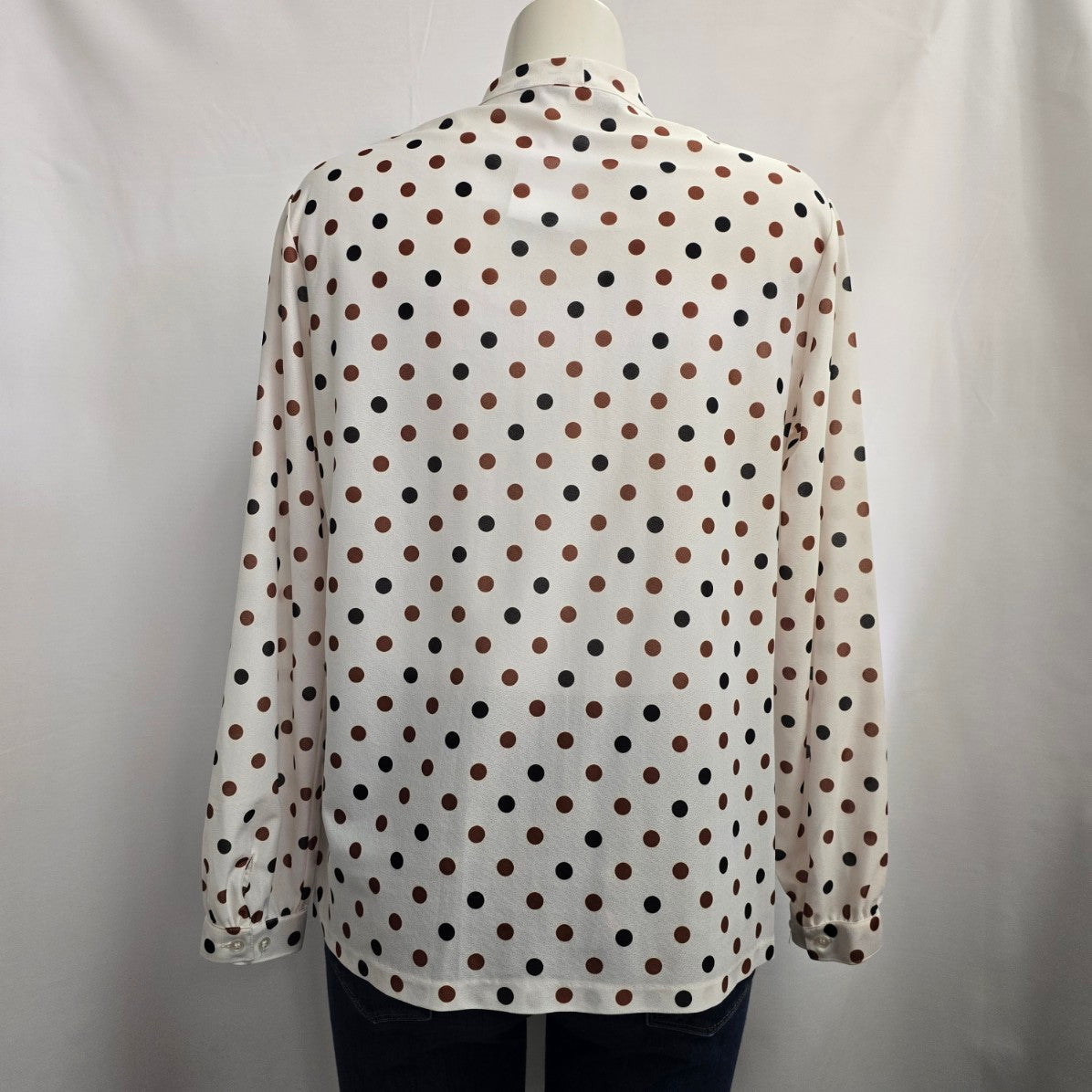 Vintage Tan Jay Brown & Black Polka Dot Neck Tie Blouse Size L