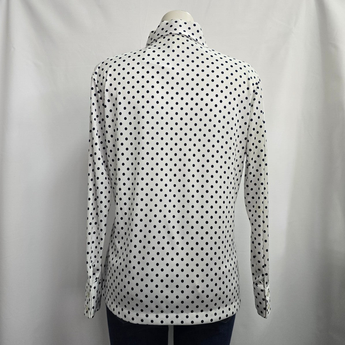 Vintage 70s 3D White & Navy Polka Dot Button Up Collared Bouse Size M/L