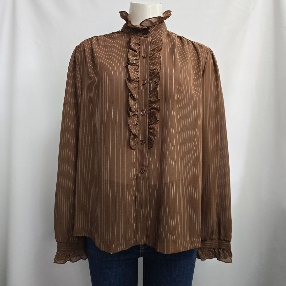 Vintage Style Rite Brown Pin Stripe Ruffle Collar Button Up Blouse Size L/XL