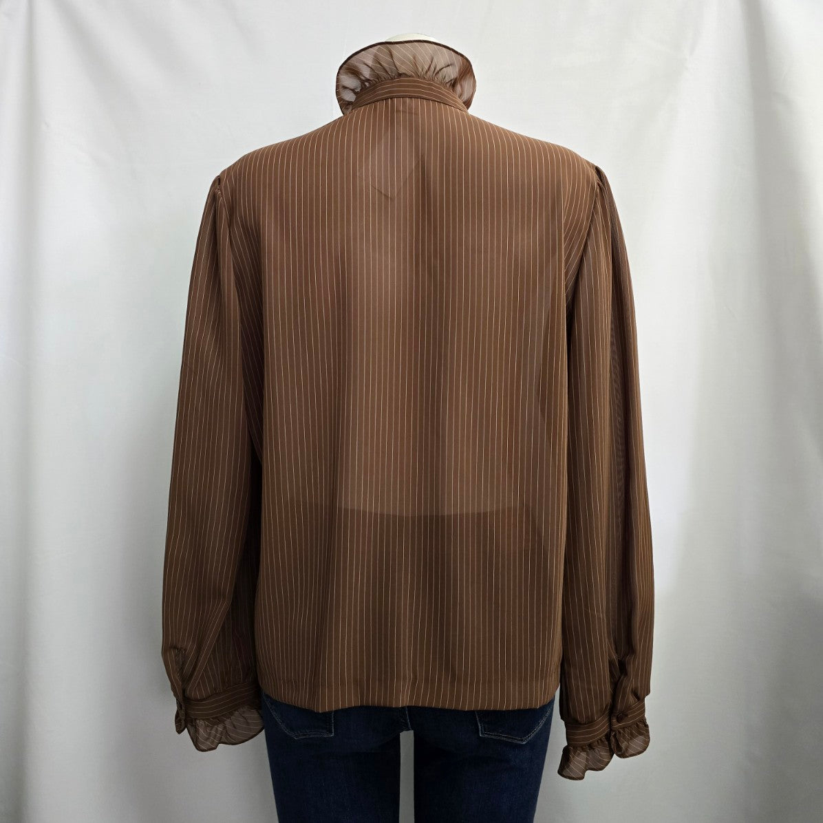 Vintage Style Rite Brown Pin Stripe Ruffle Collar Button Up Blouse Size L/XL