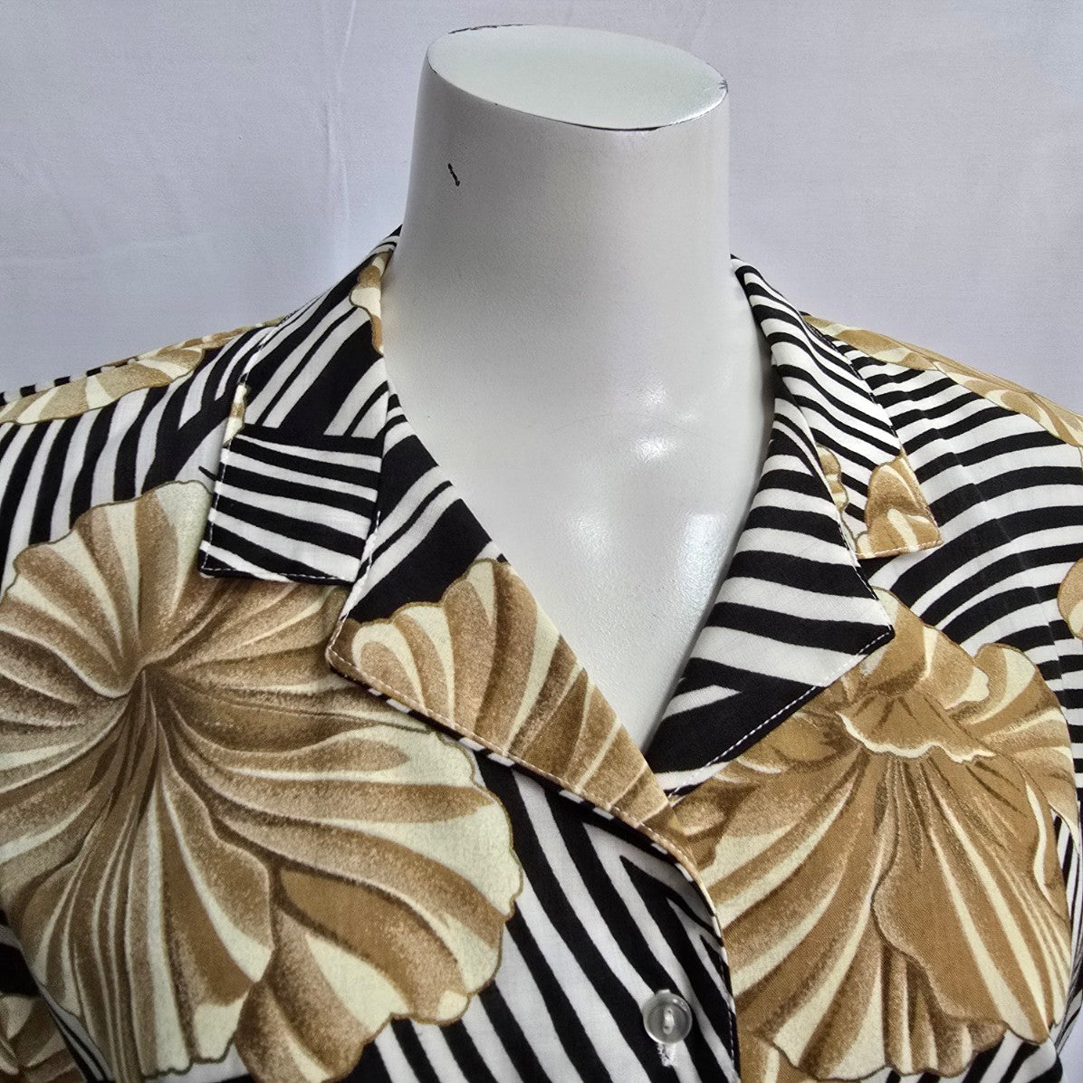 Vintage Black & Brown Tropical Print Button Up Collared Blouse Top Size L/XL