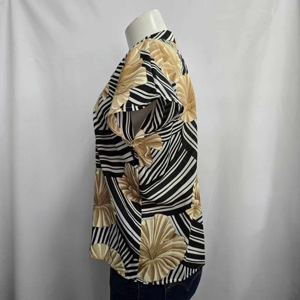 Vintage Black & Brown Tropical Print Button Up Collared Blouse Top Size L/XL