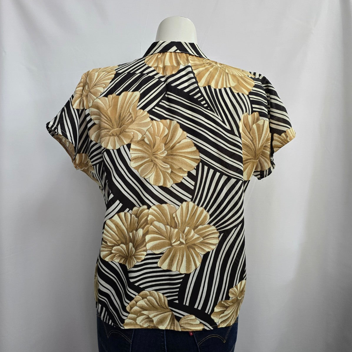 Vintage Black & Brown Tropical Print Button Up Collared Blouse Top Size L/XL