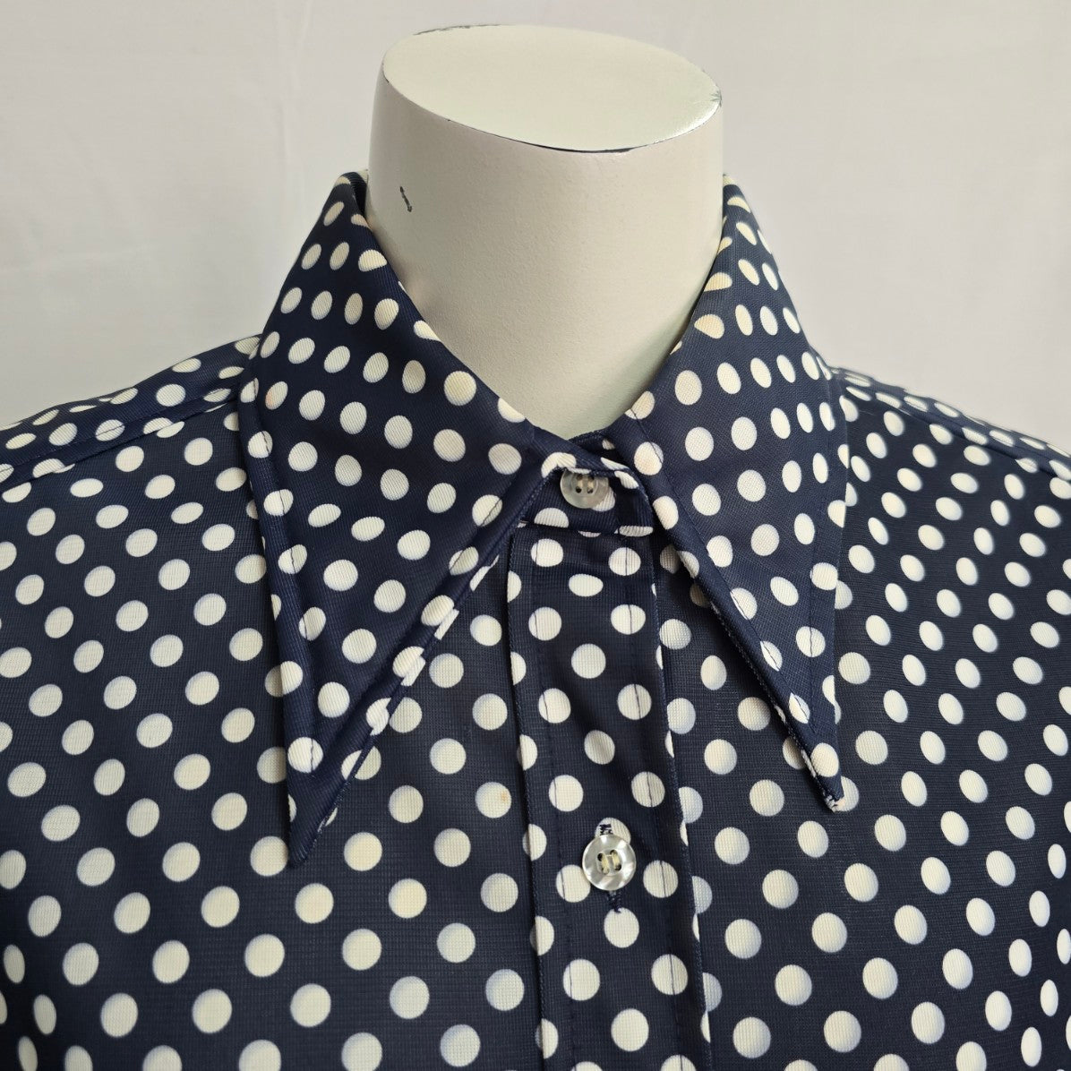Vintage Elite Navy Blue Polka Dot Button Up Collared Blouse Size XL