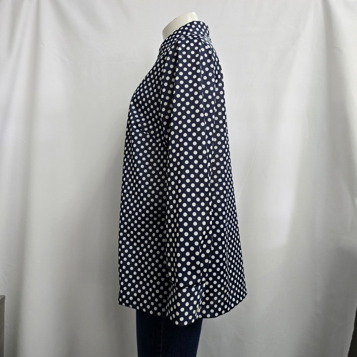Vintage Elite Navy Blue Polka Dot Button Up Collared Blouse Size XL