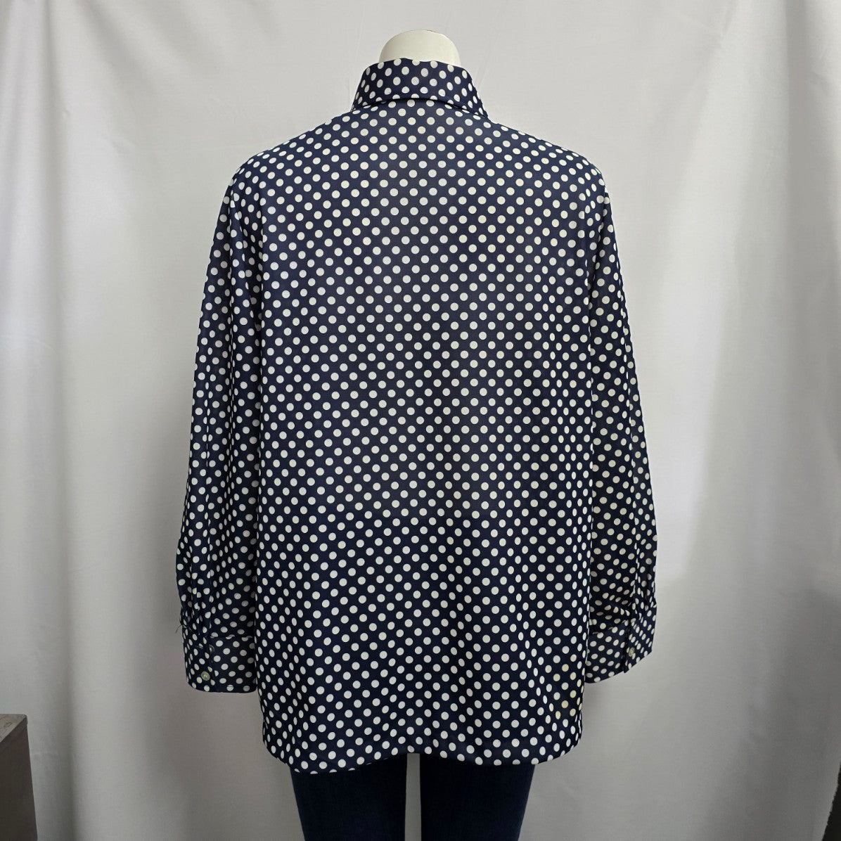 Vintage Elite Navy Blue Polka Dot Button Up Collared Blouse Size XL