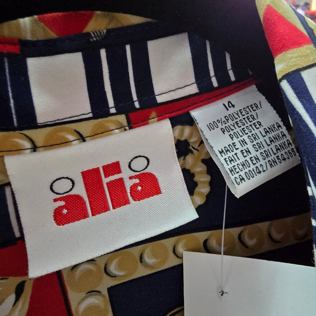 Vintage Alia Chain Print Red & Blue Button Up Blouse Size XL