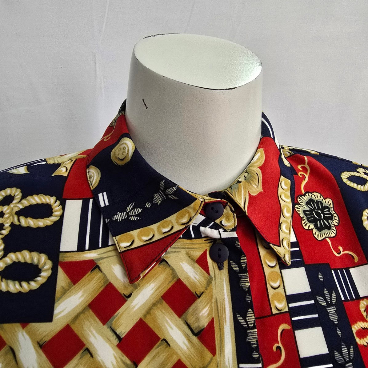 Vintage Alia Chain Print Red & Blue Button Up Blouse Size XL