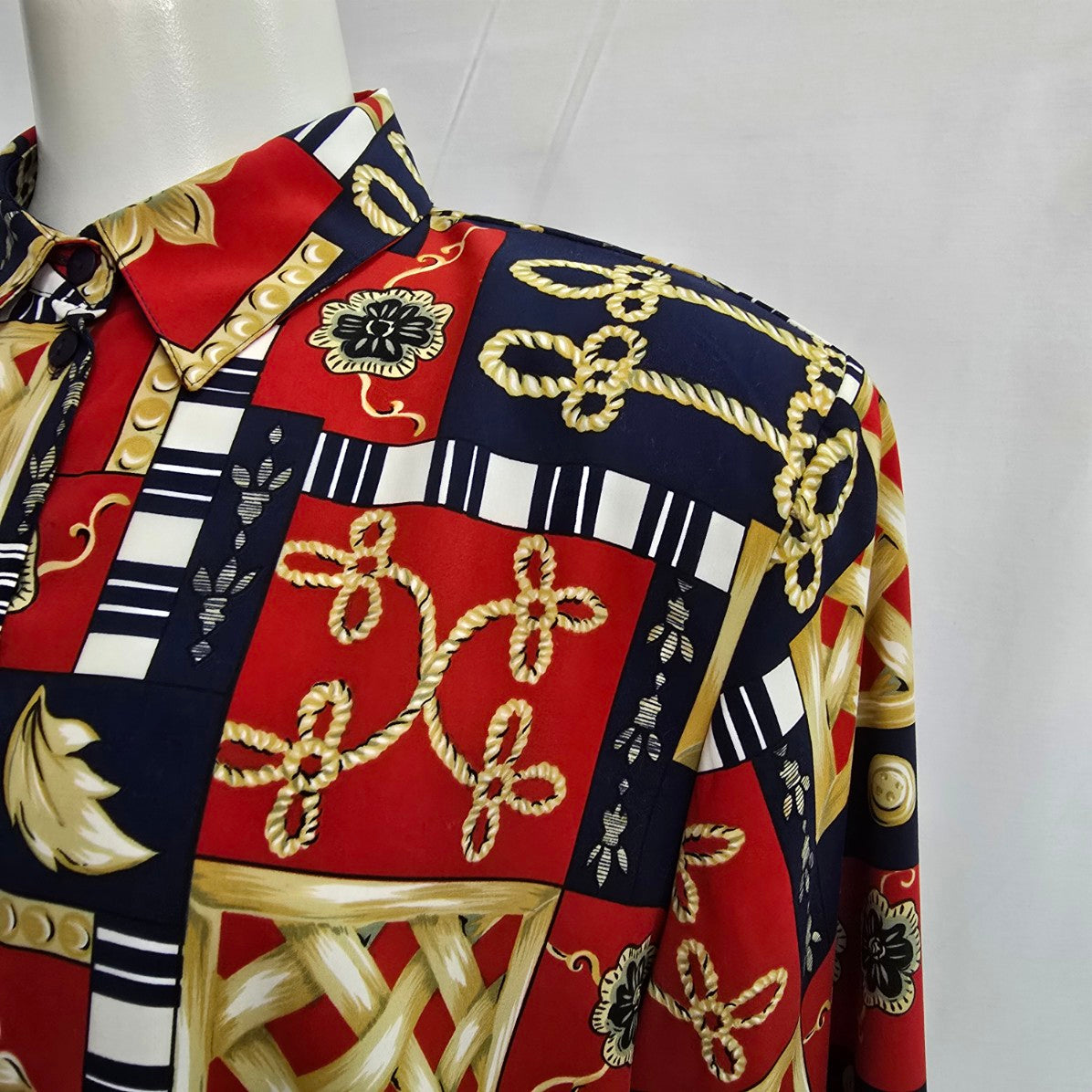 Vintage Alia Chain Print Red & Blue Button Up Blouse Size XL