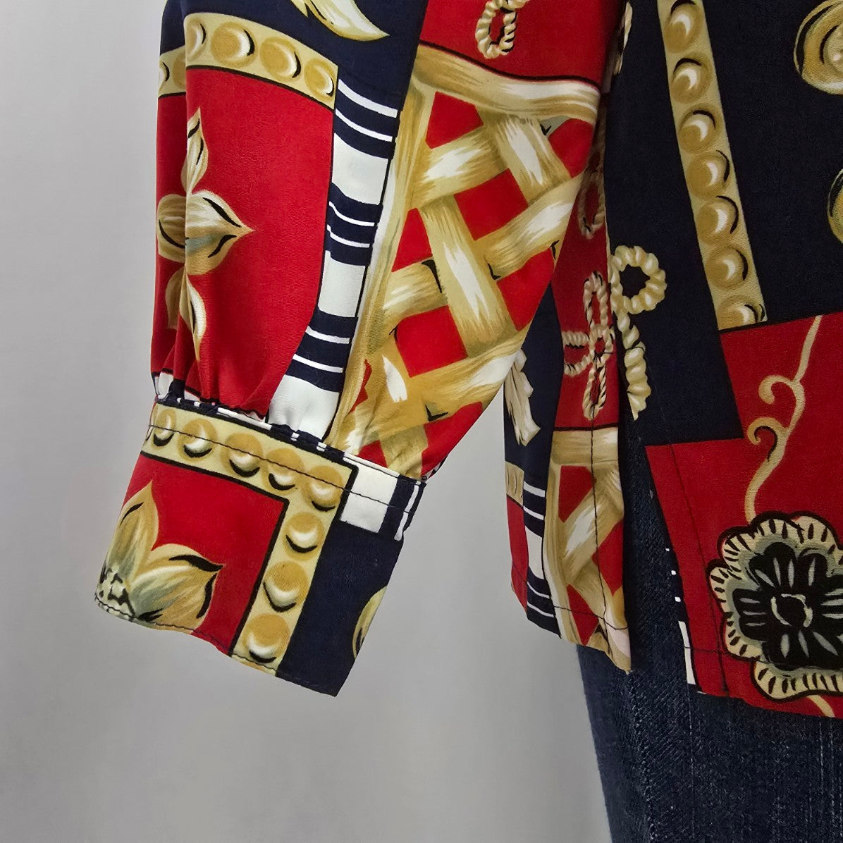 Vintage Alia Chain Print Red & Blue Button Up Blouse Size XL