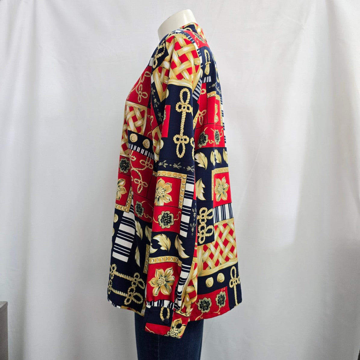 Vintage Alia Chain Print Red & Blue Button Up Blouse Size XL