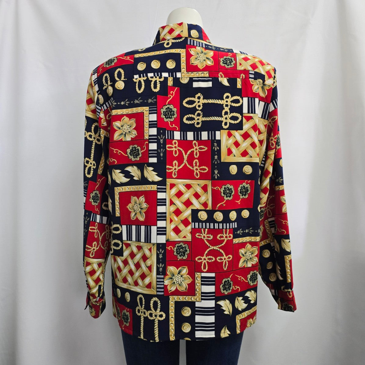 Vintage Alia Chain Print Red & Blue Button Up Blouse Size XL