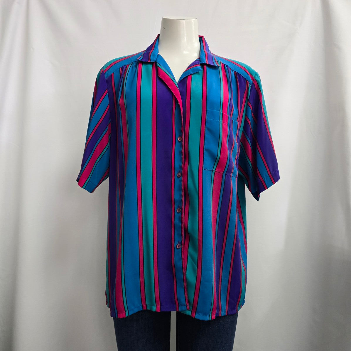 Vintage Blue Striped Button Up Blouse Size L/XL