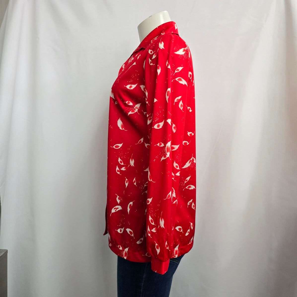 Vintage Sears Red Feather Print Button Up Collared Blouse Size L