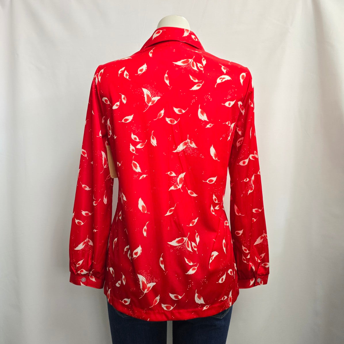 Vintage Sears Red Feather Print Button Up Collared Blouse Size L