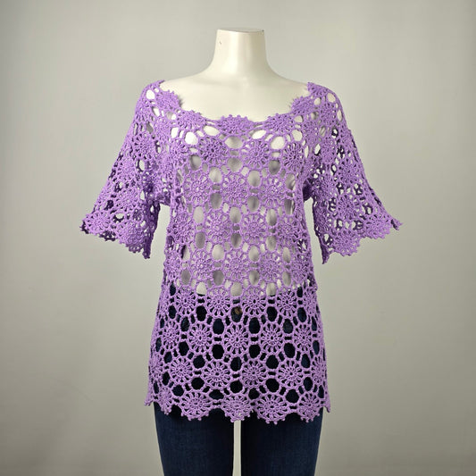 Handmade Purple Crochet Floral Sweater Size M