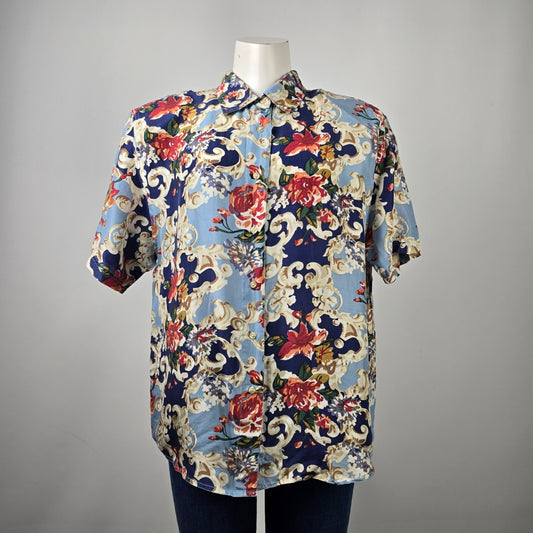 Vintage Her Blue Floral Silk Button Up Blouse Size L