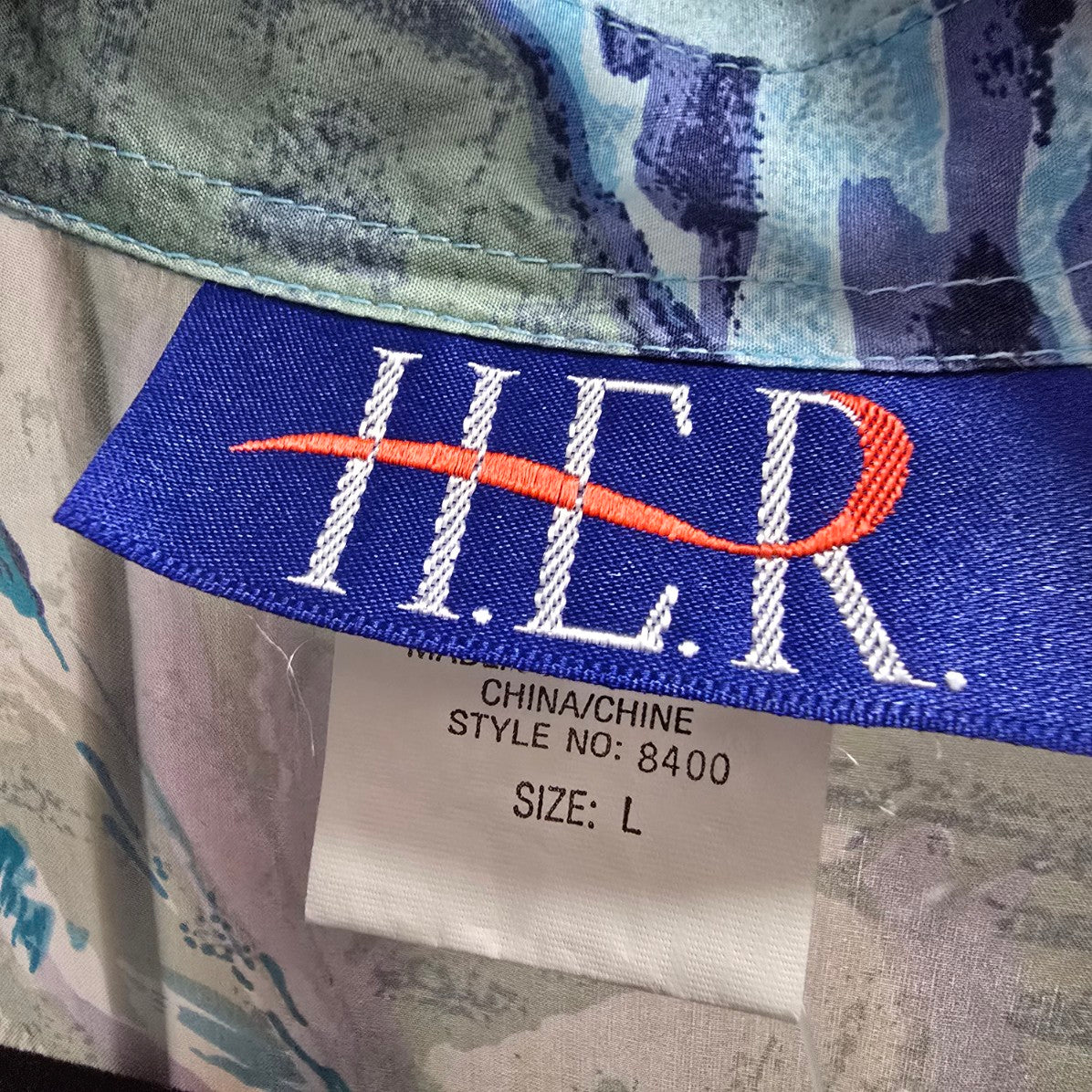 Vintage Her Silk Blue Printed Button Up Blouse Top Size L