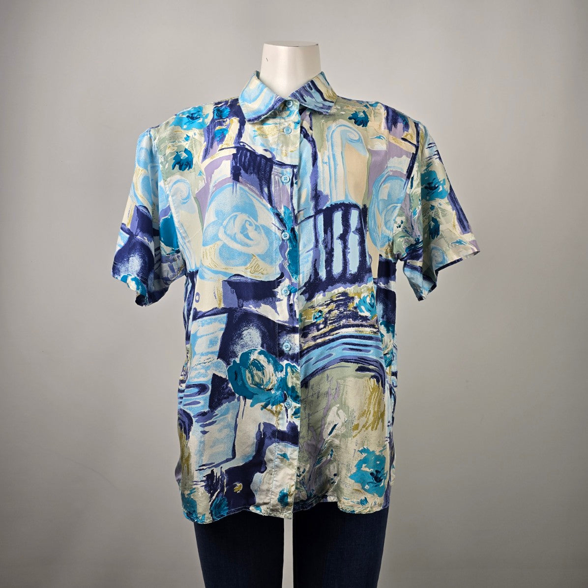 Vintage Her Silk Blue Printed Button Up Blouse Top Size L