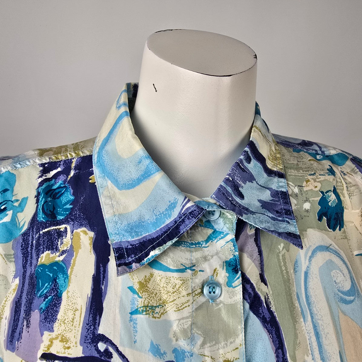 Vintage Her Silk Blue Printed Button Up Blouse Top Size L