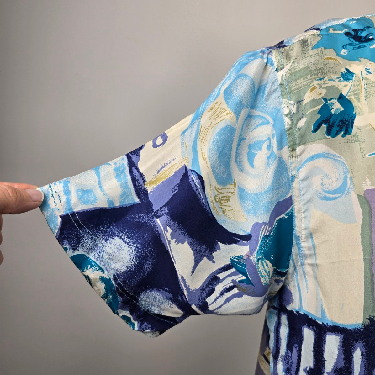Vintage Her Silk Blue Printed Button Up Blouse Top Size L