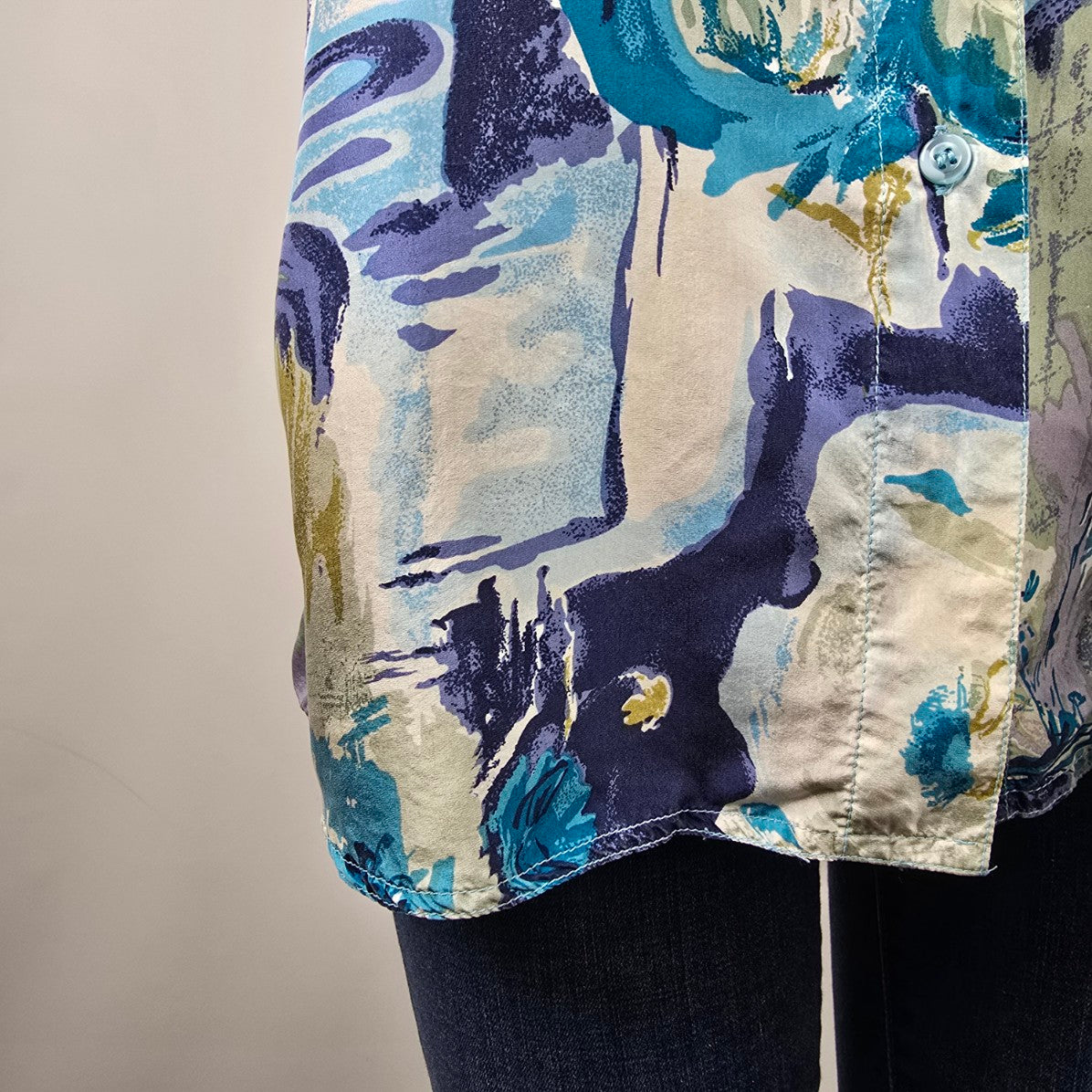 Vintage Her Silk Blue Printed Button Up Blouse Top Size L
