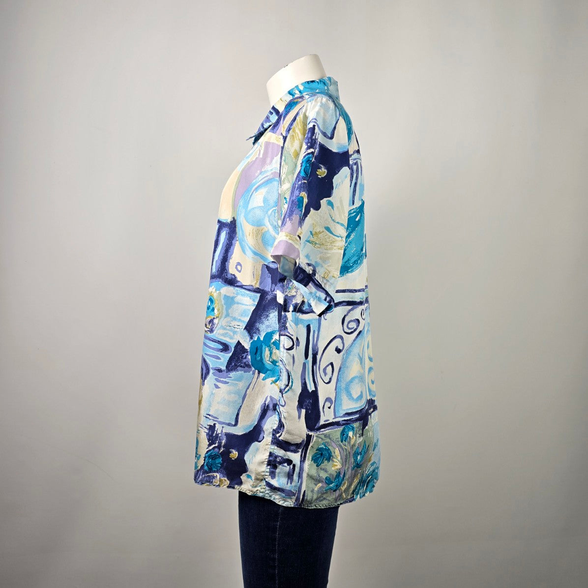 Vintage Her Silk Blue Printed Button Up Blouse Top Size L
