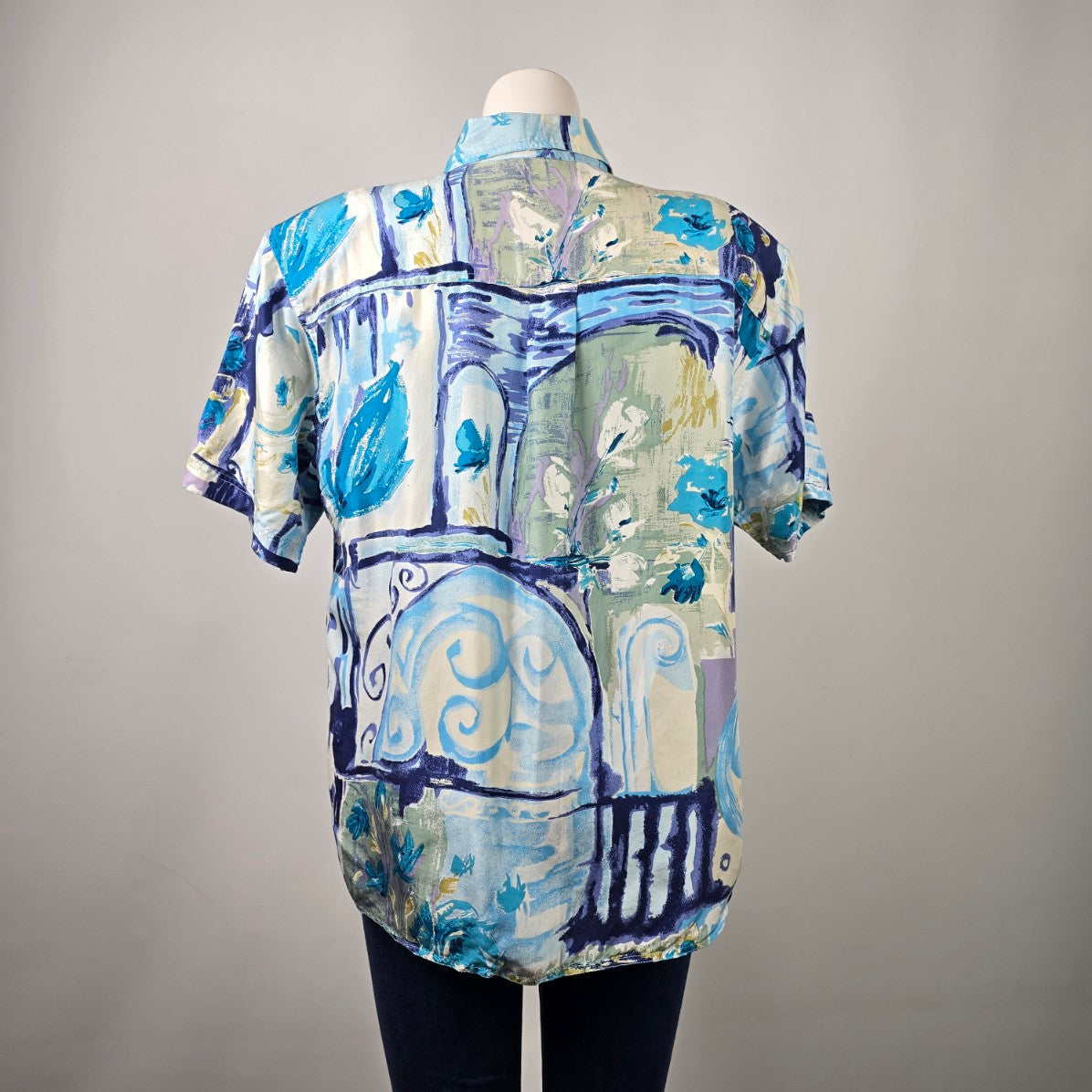 Vintage Her Silk Blue Printed Button Up Blouse Top Size L