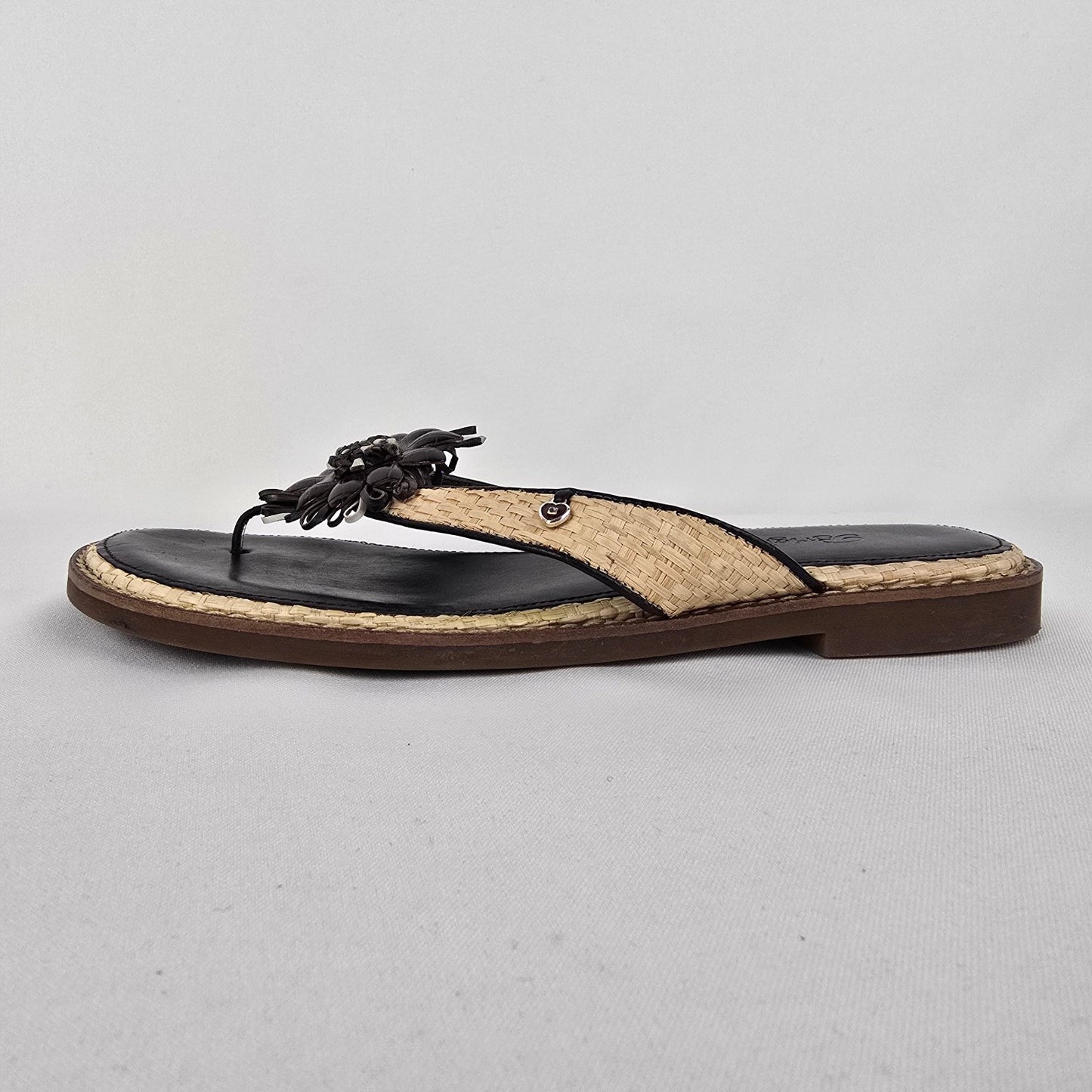 Brighton Black Leather Floral Thong Sandals Size 7.5