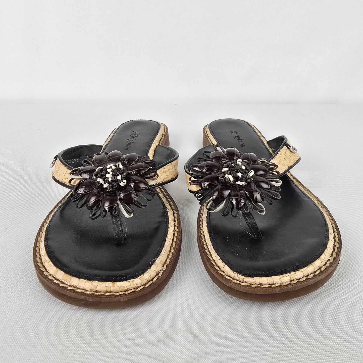 Brighton Black Leather Floral Thong Sandals Size 7.5