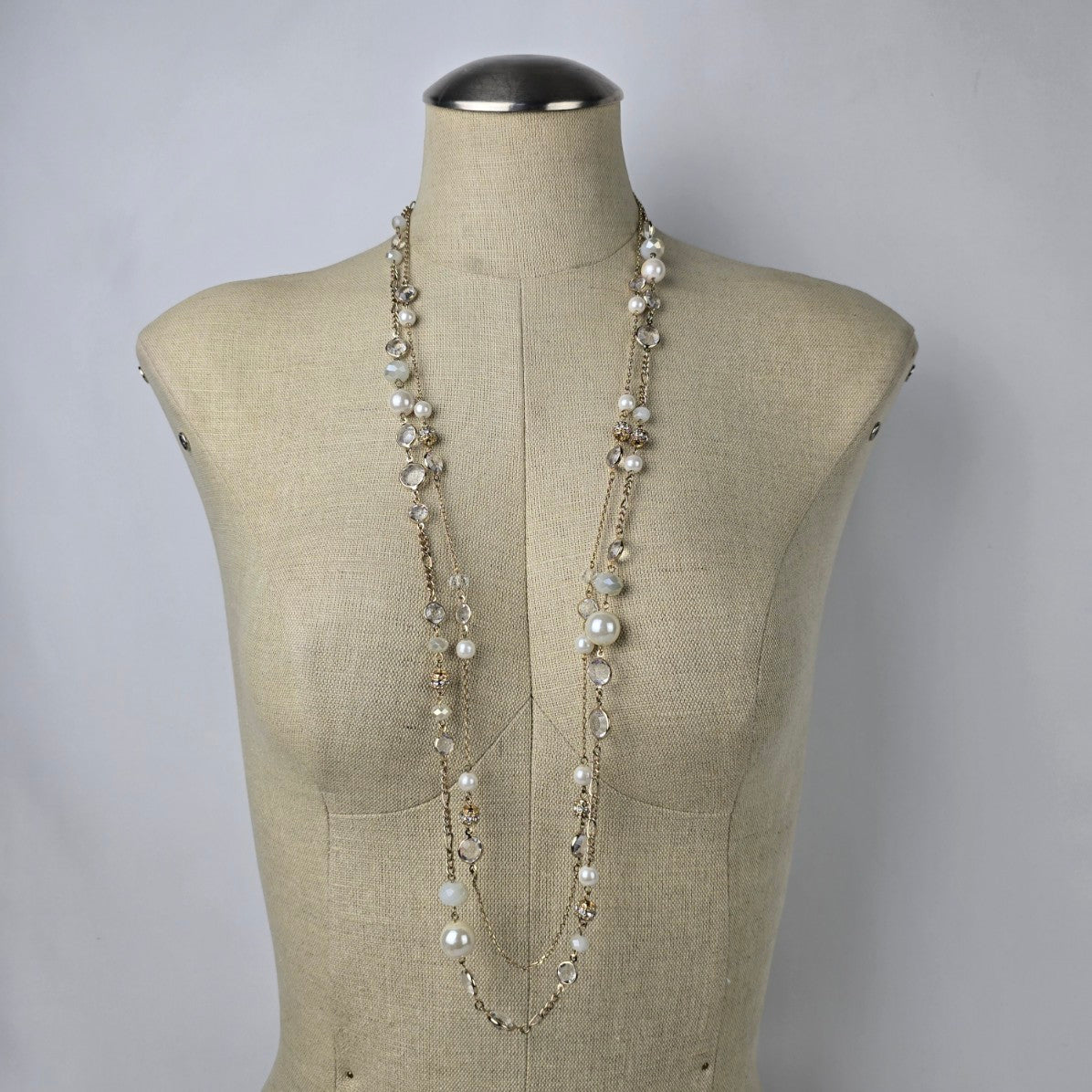 Ann Taylor Gold Tone Faux Pearl Layered Chain Long Necklace