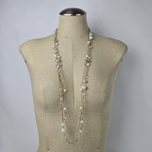 Ann Taylor Gold Tone Faux Pearl Layered Chain Long Necklace