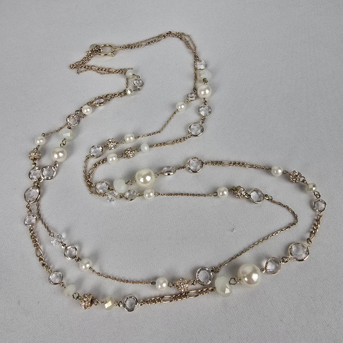 Ann Taylor Gold Tone Faux Pearl Layered Chain Long Necklace