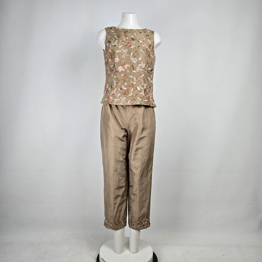 Talbots Beige Silk Embroidered Two Pc Top & Cropped Pants Size 8-10
