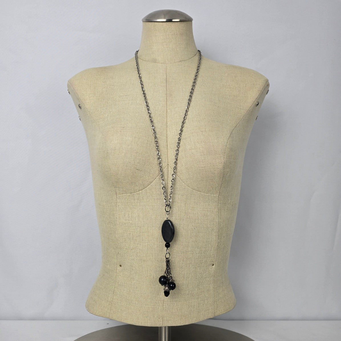 Silver Tone Black Glass Tassel Pendant Long Necklace