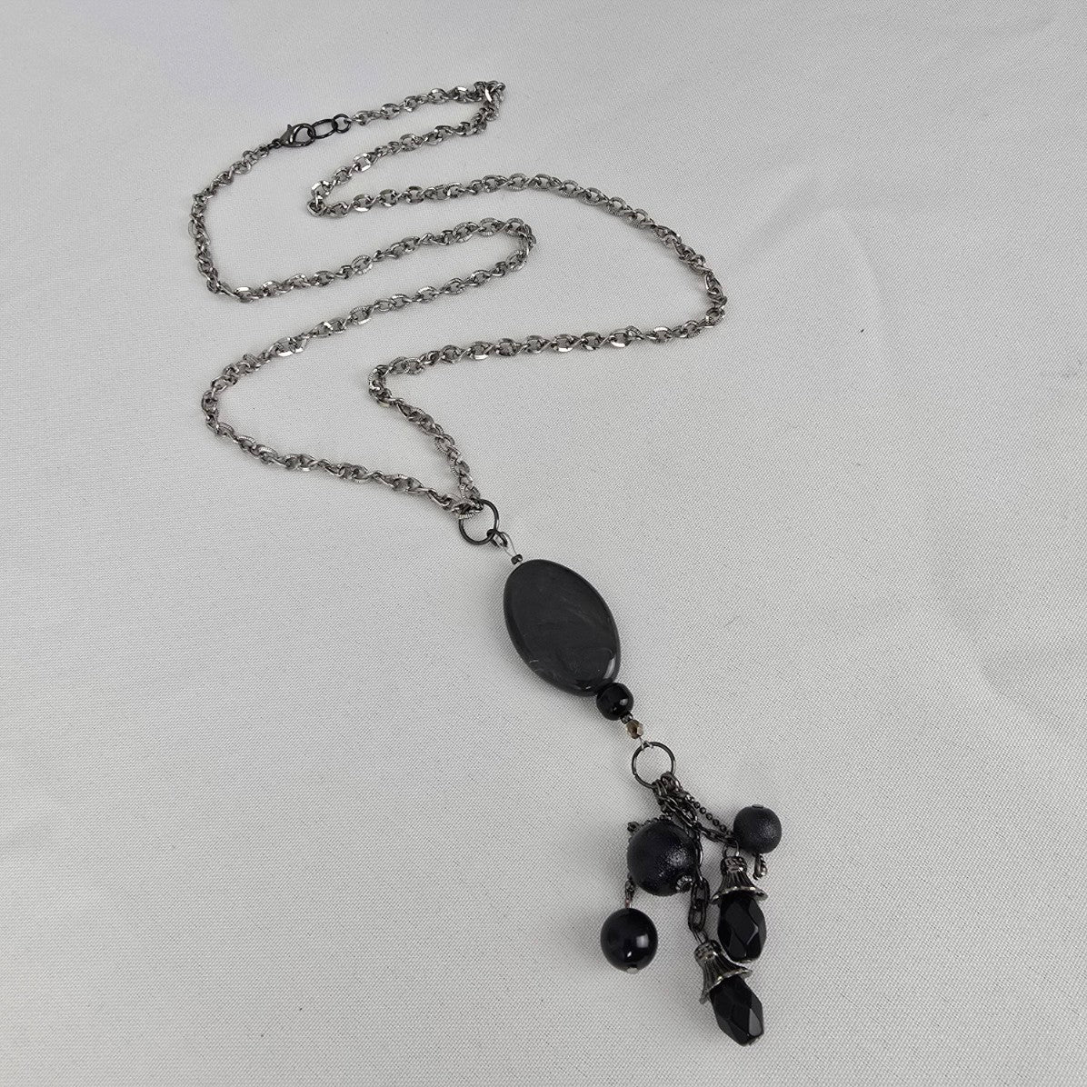 Silver Tone Black Glass Tassel Pendant Long Necklace