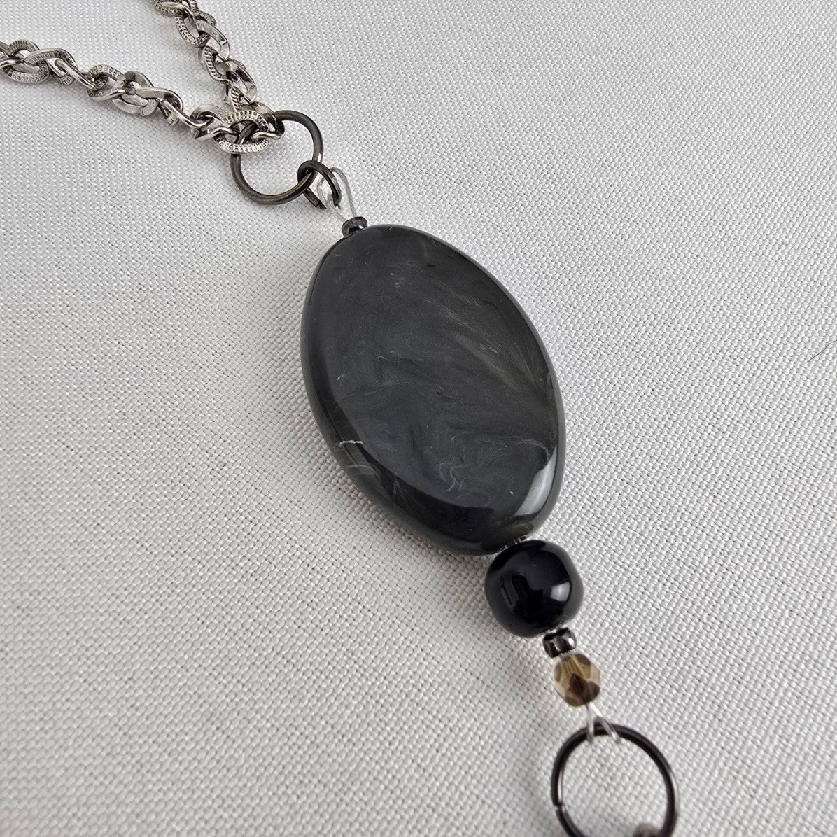 Silver Tone Black Glass Tassel Pendant Long Necklace
