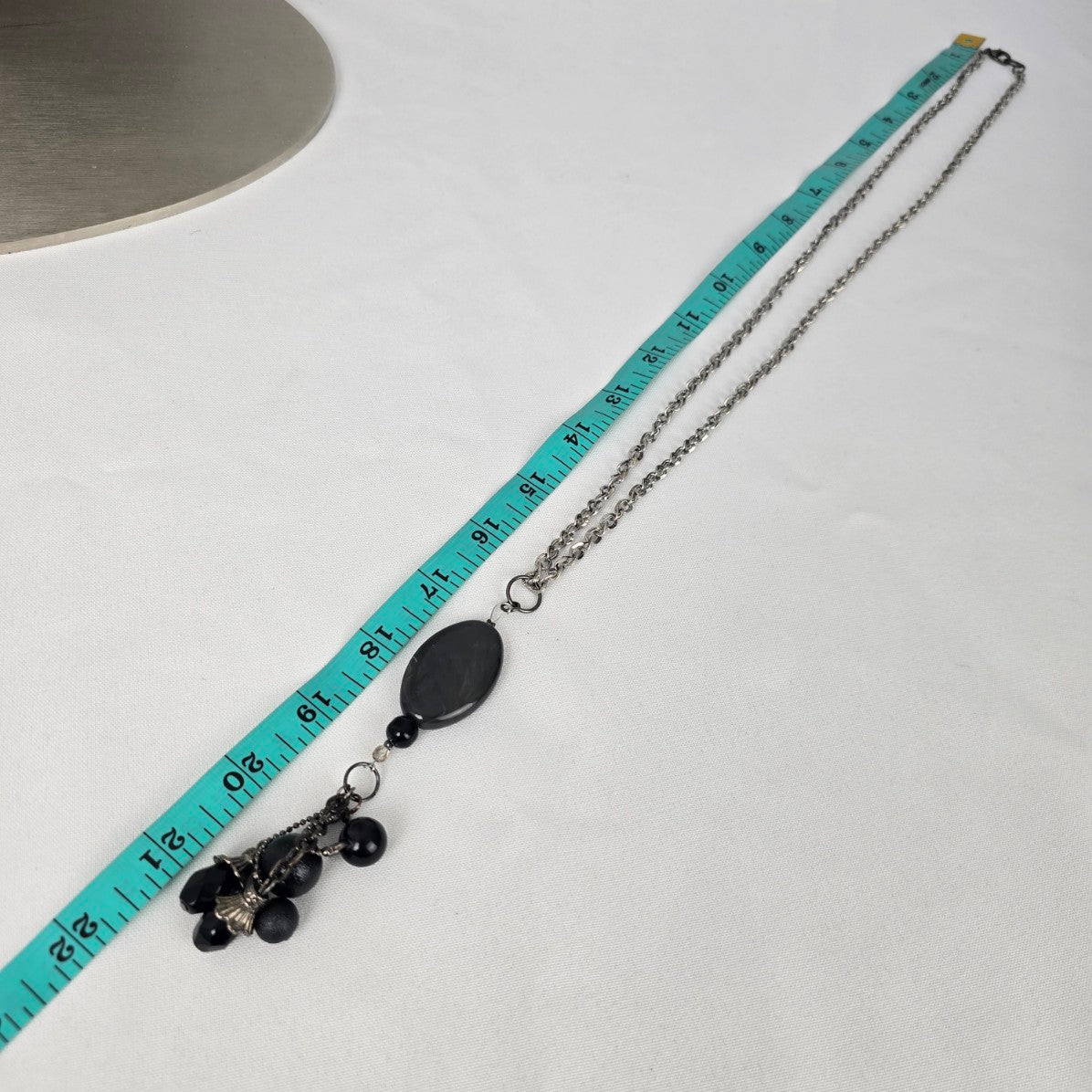 Silver Tone Black Glass Tassel Pendant Long Necklace