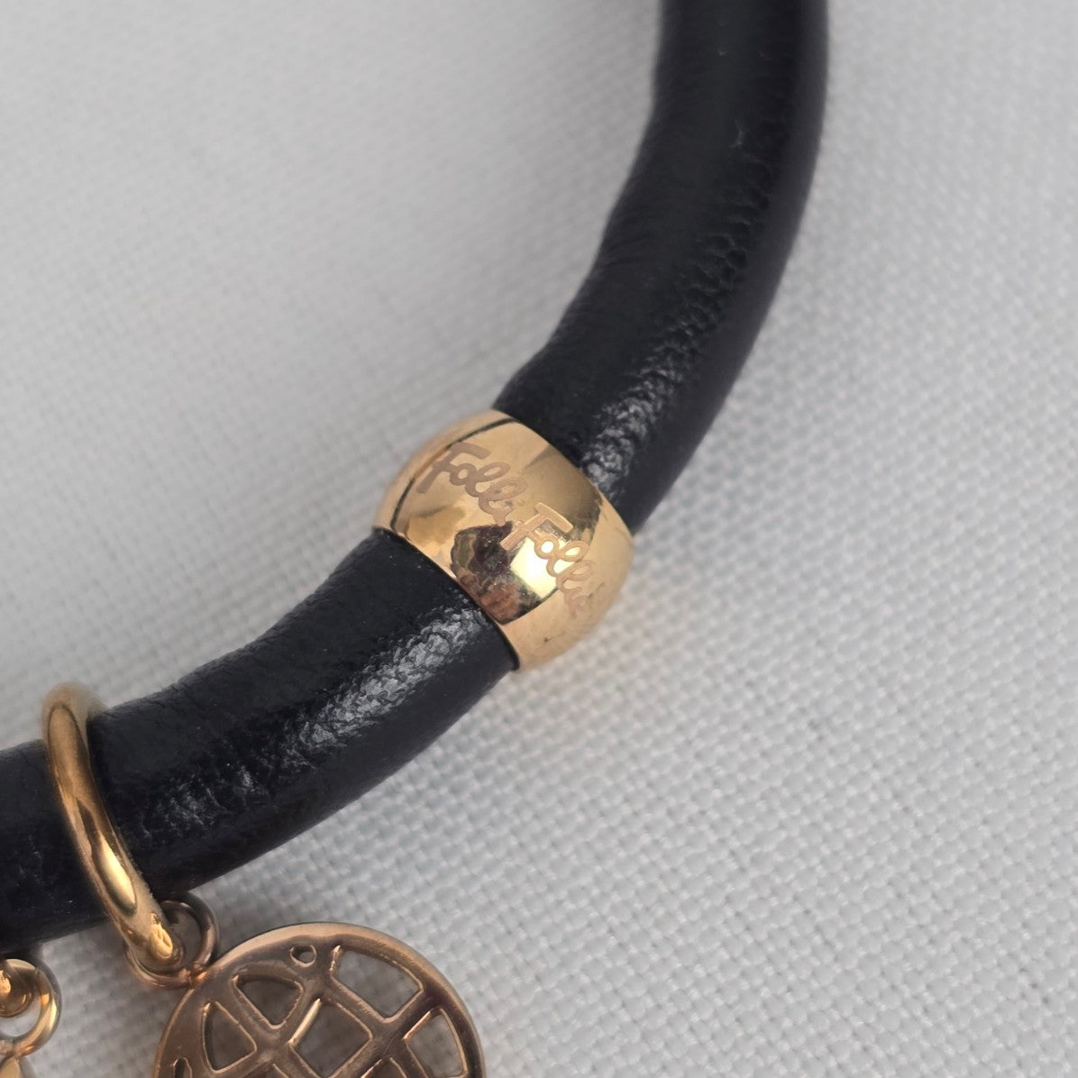 Folli Follie Rose Gold Plated Heart Black Leather Bracelet