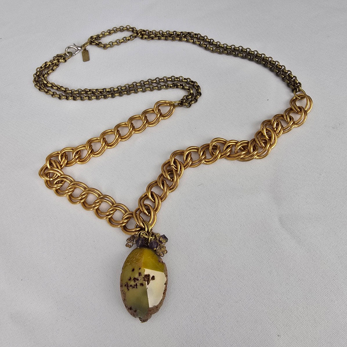 Elvira Gold Chunky Chain Green Polished Stone Pendant Long Necklace