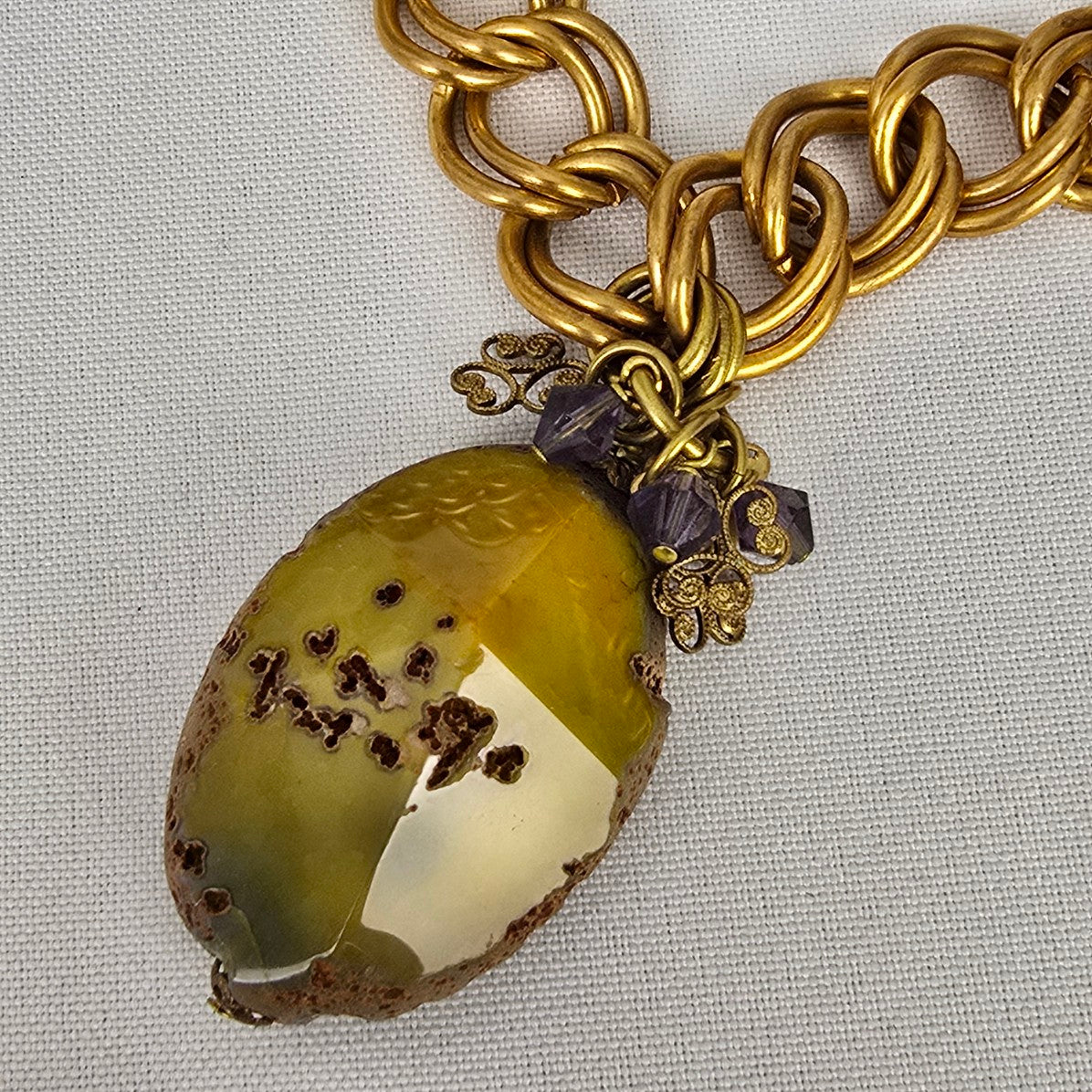 Elvira Gold Chunky Chain Green Polished Stone Pendant Long Necklace