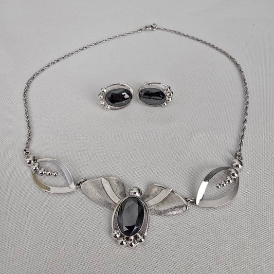Vintage Sterling Silver Faceted Black Stone Necklace & Screw Back Earrings